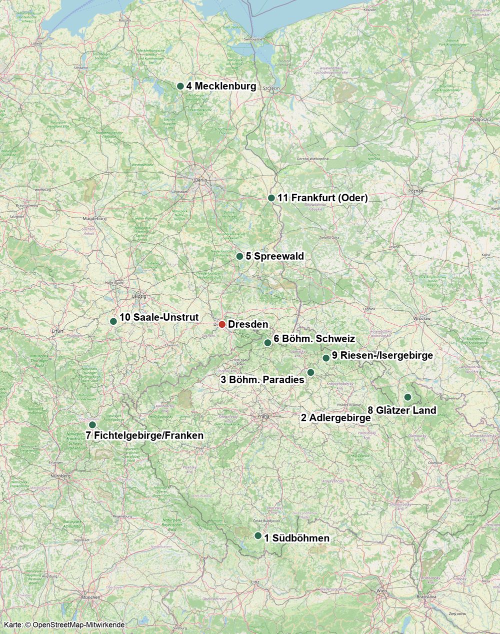 Karte der Regionen rund um Dresden